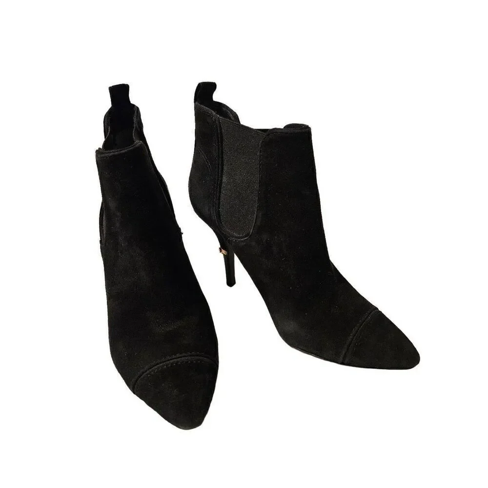 Tory Burch black suede ankle booties with gold emblem on heel. Size 7.